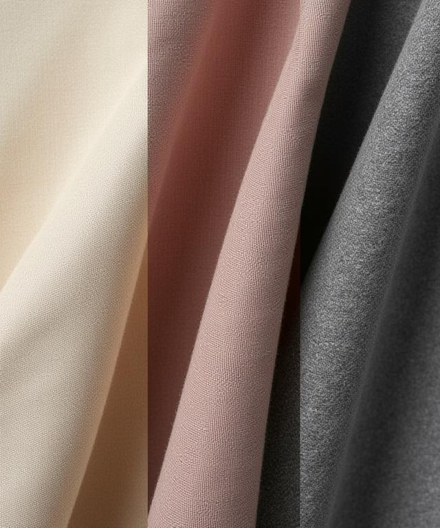 A collage showing close-up textures of linen, velvet, and wool fabrics.