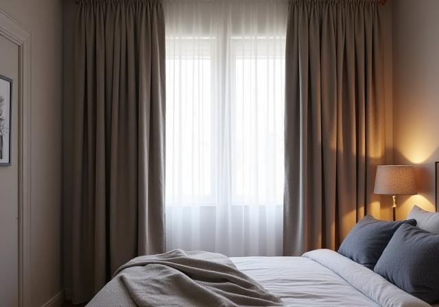 Blackout linen curtains in a Notting Hill bedroom.